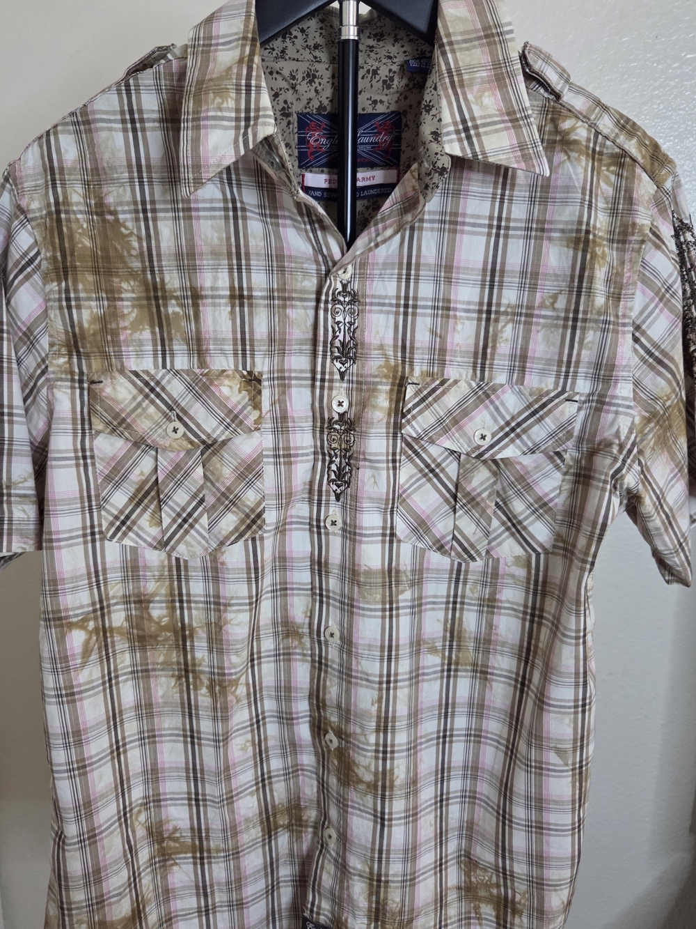 English Laundry Tan, Pink and White Plaid Short-Sleeve Button-Down Shirt